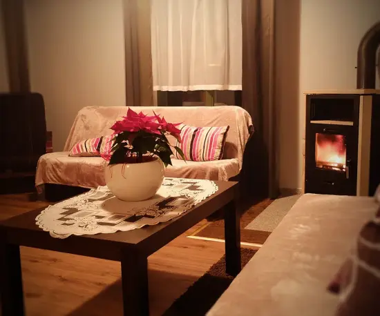 Grafika Przytulny salon z sofą, stolikiem kawowym z kwiatami i kominkiem Hotel Dolce Vita