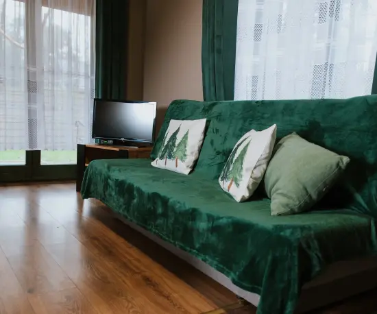 Grafika Zielona sofa z poduszkami w nowoczesnym salonie z drewnianą podłogą i oknem.